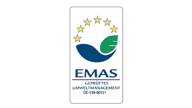 EMAS geprüftes Umweltmanagement DE-158-00151  mit EMAS-Logo.
